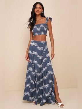 Lulus Trancoso Dusty Blue Floral Print Two-piece Maxi Dress - Size XS